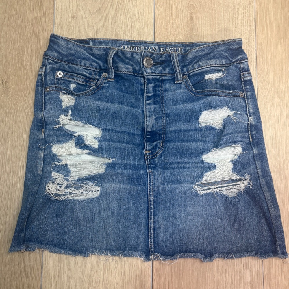 American Eagle NextLevel Stretch Distressed Denim‎ Mini Skirt Medium Fray Hem 6